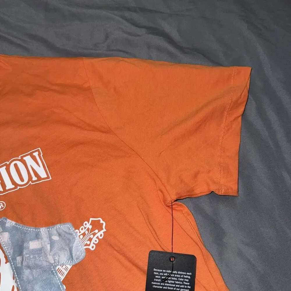 True Religion Buddha Denim Fill Tee Graphic Logo SS Crew Neck T-Shirt Orange XL